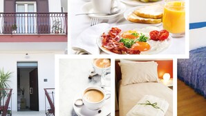 Habitación de hotel con cama, zona de desayuno y vista al balcón exterior.