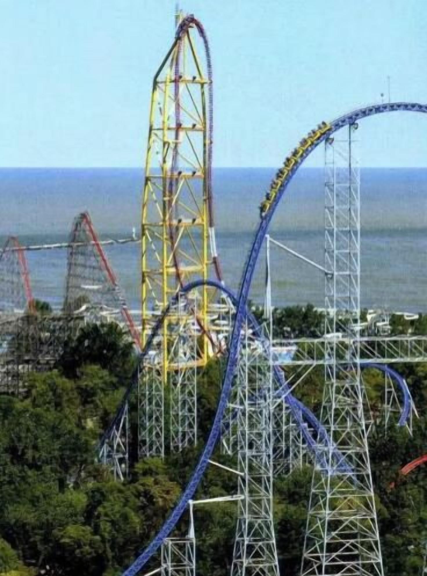 A roller coaster with multiple tracks and a tall tower structure.