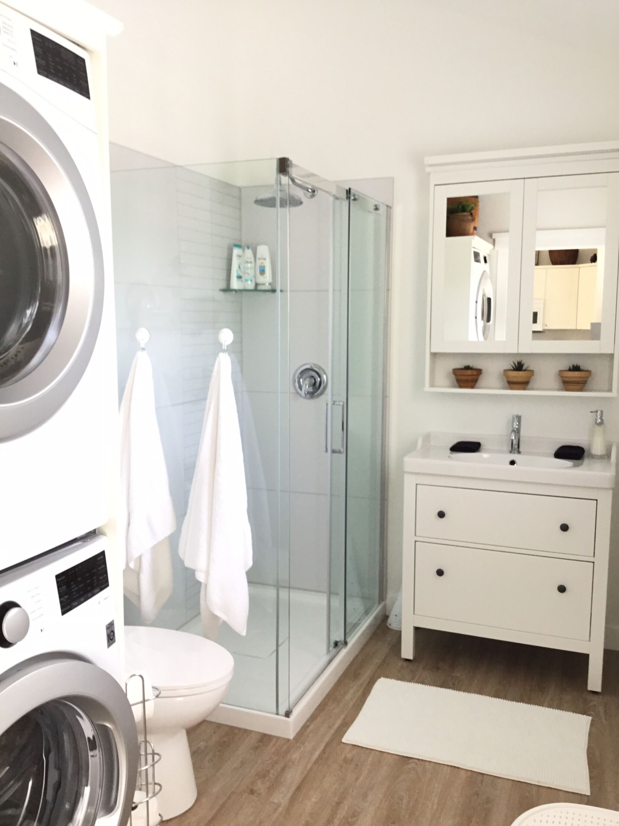 Hair dryer, towels, shampoo, toilet paper