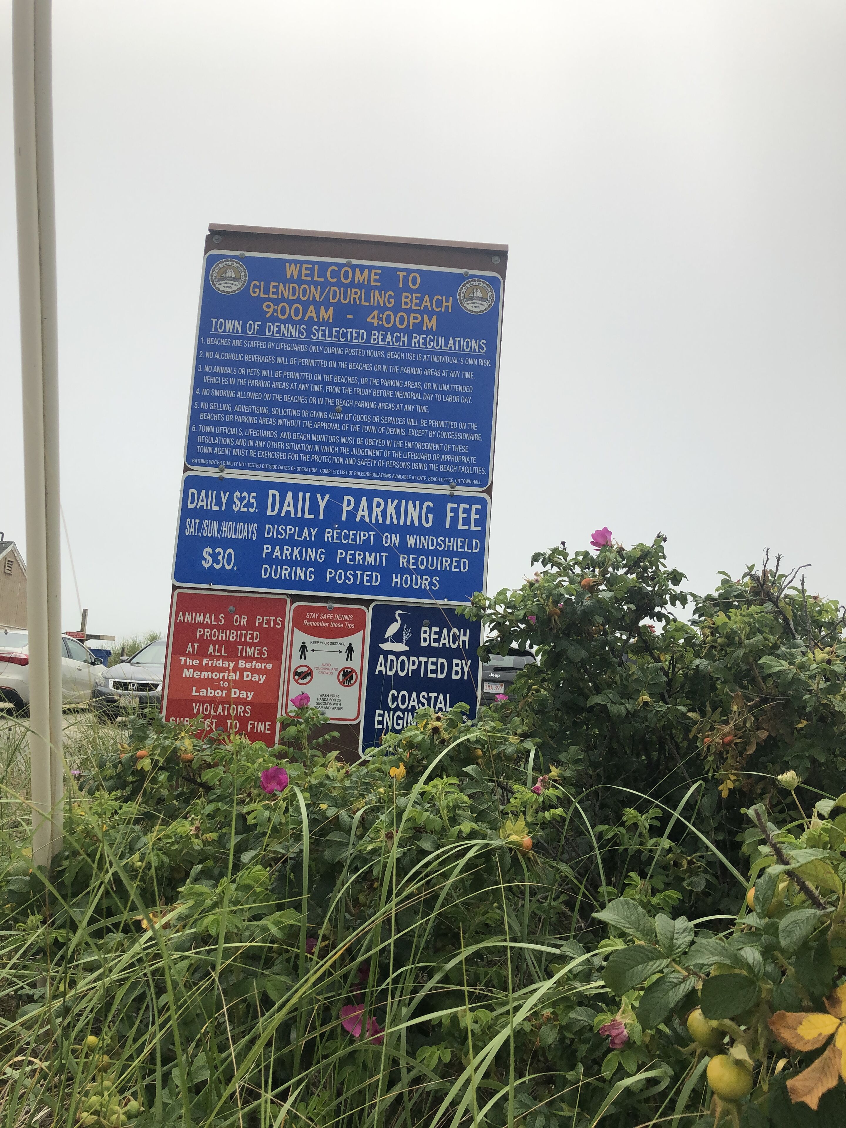 A beach sign with regulations and parking information.