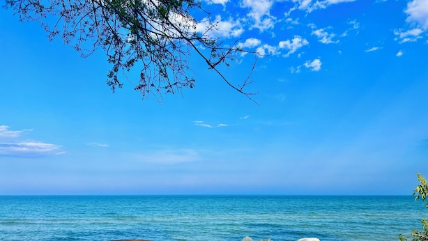 A beachside picnic area with a wooden table and benches, overlooking a calm sea with a clear sky.