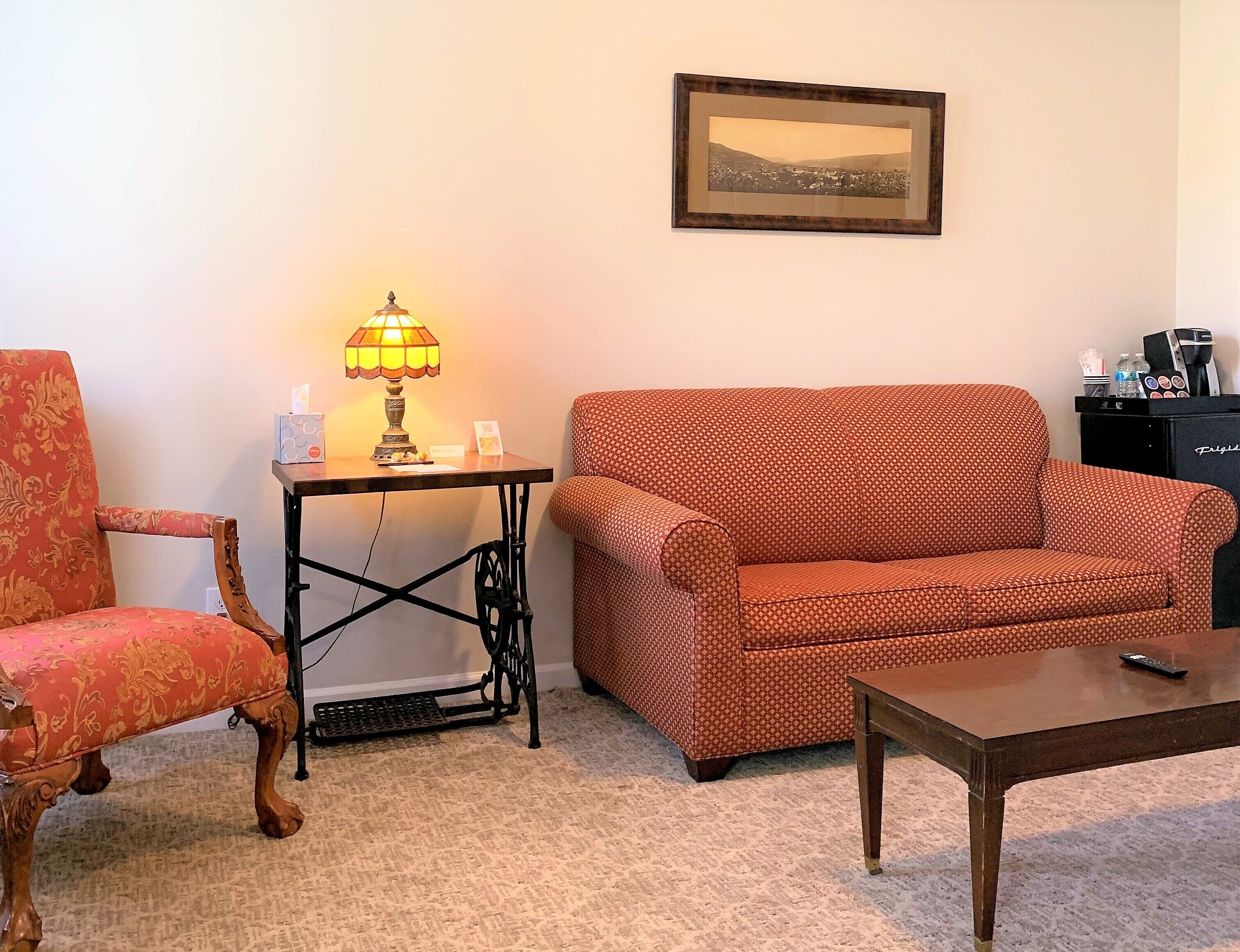 A living room with a patterned sofa, a wooden chair, a small table with a lamp, and a framed picture on the wall.