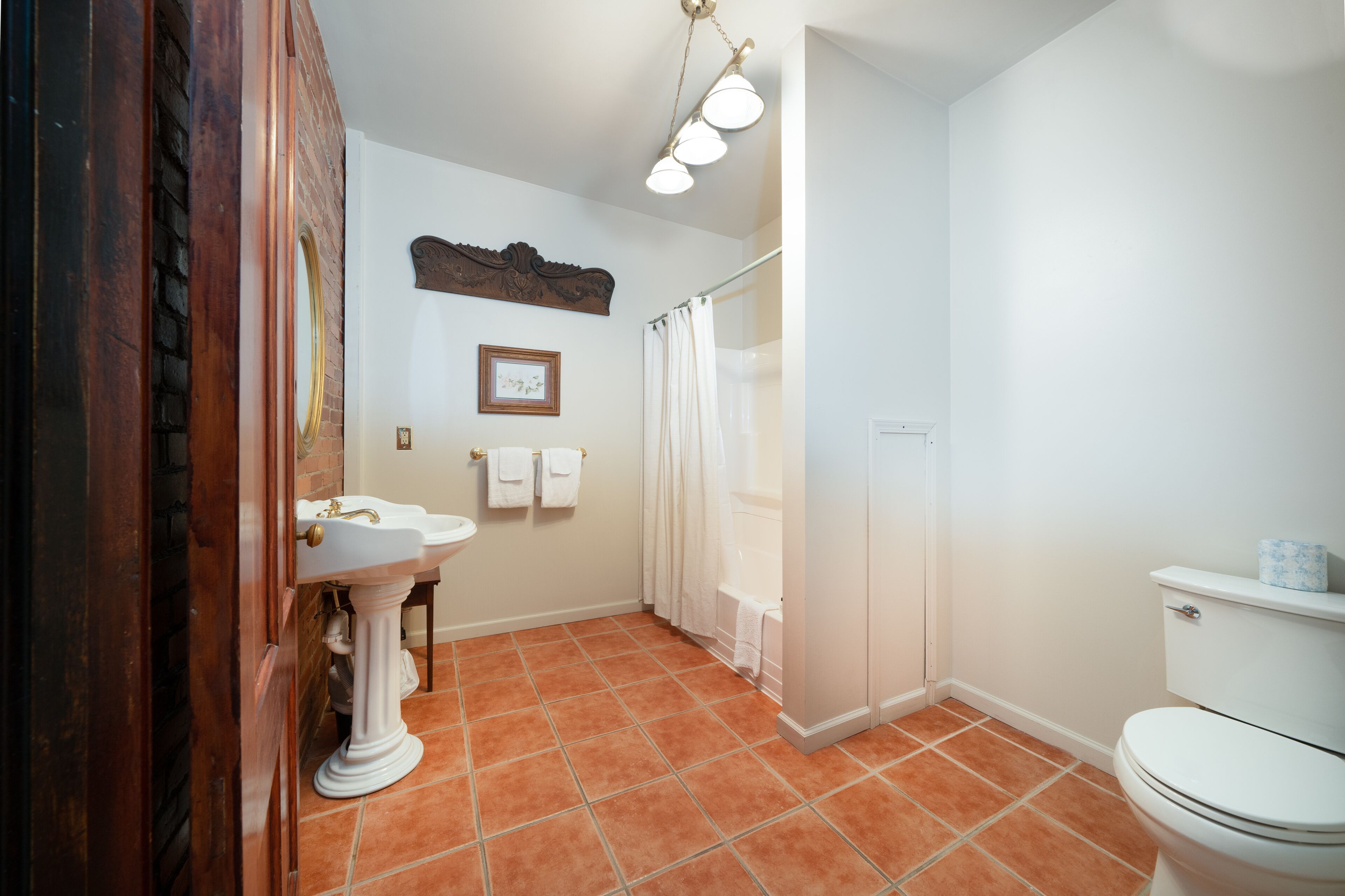 A bathroom with a pedestal sink, a toilet, a shower curtain, and a wall-mounted light fixture.