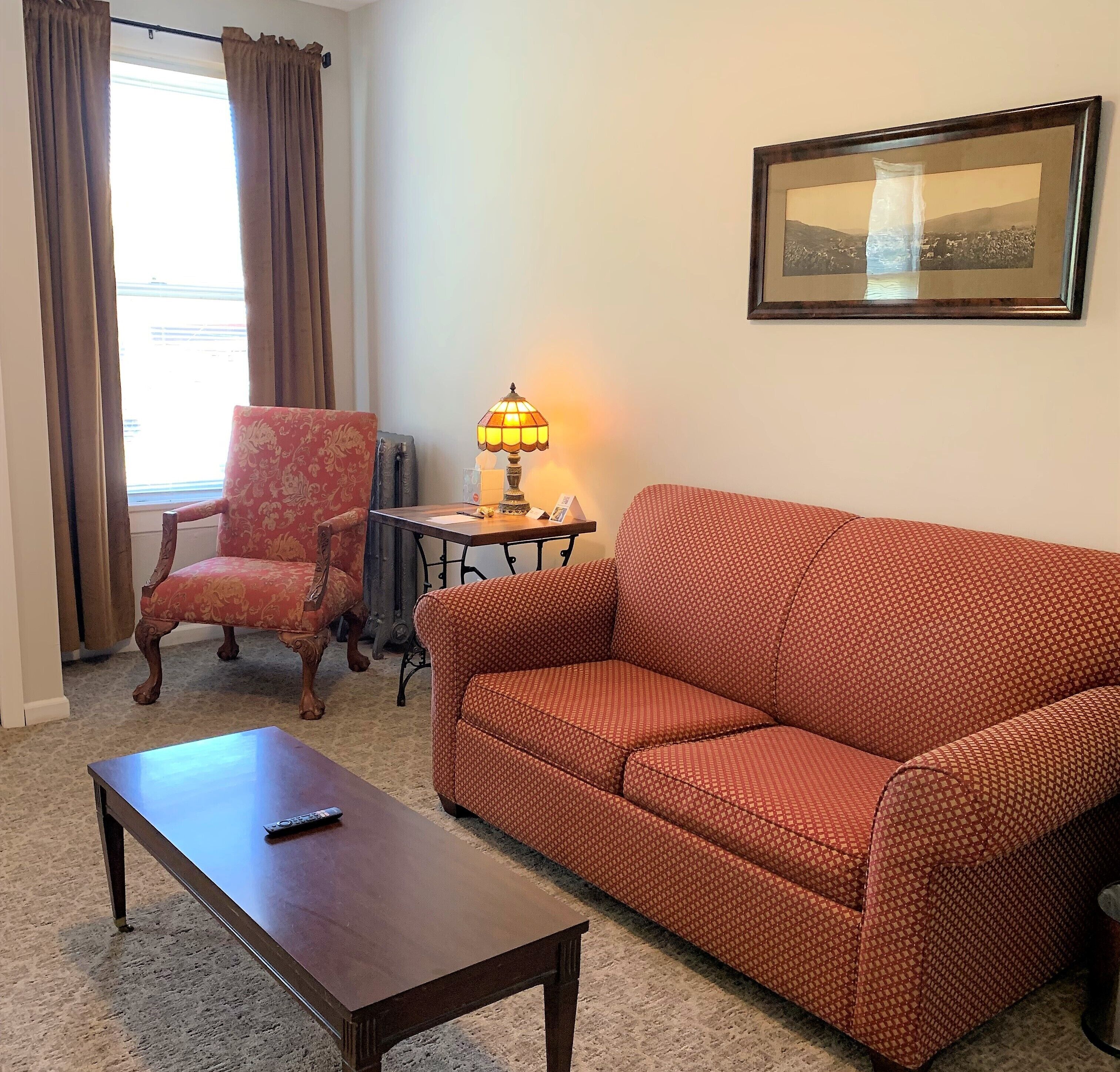 Sala de estar com sofá estampado, mesa de centro de madeira, poltrona vermelha, abajur e quadro pendurado na parede.