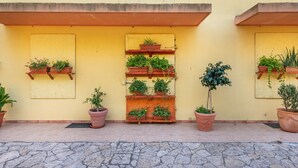 Fachada de edificio con múltiples macetas y plantas dispuestas en estantes y en el suelo.