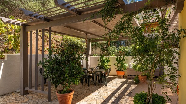 Un patio cubierto con suelo de piedra, plantas en macetas y mobiliario exterior.