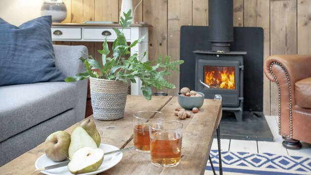 A cozy living room with a wooden table, a sofa, a fireplace, and a plant. - Birdcage Cottage- Woodburner & Free Wi-Fi (Kingsand)