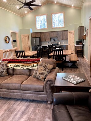 TV connectée, cheminée, lecteur de DVD, livres