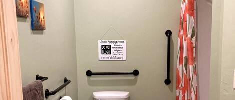 Un baño pequeño y privado con inodoro, barandilla, cortina de ducha y un cartel que prohíbe arrojar objetos no aptos para el desagüe.