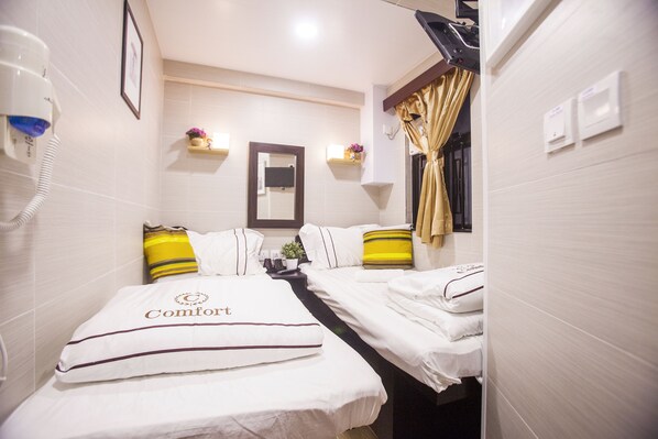 Habitación de hotel con dos camas, un espejo, un secador de pelo y una pequeña estantería con una planta.