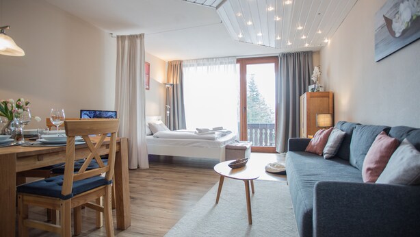 Een goed verlichte kamer met een eethoek, een bank en een bed.