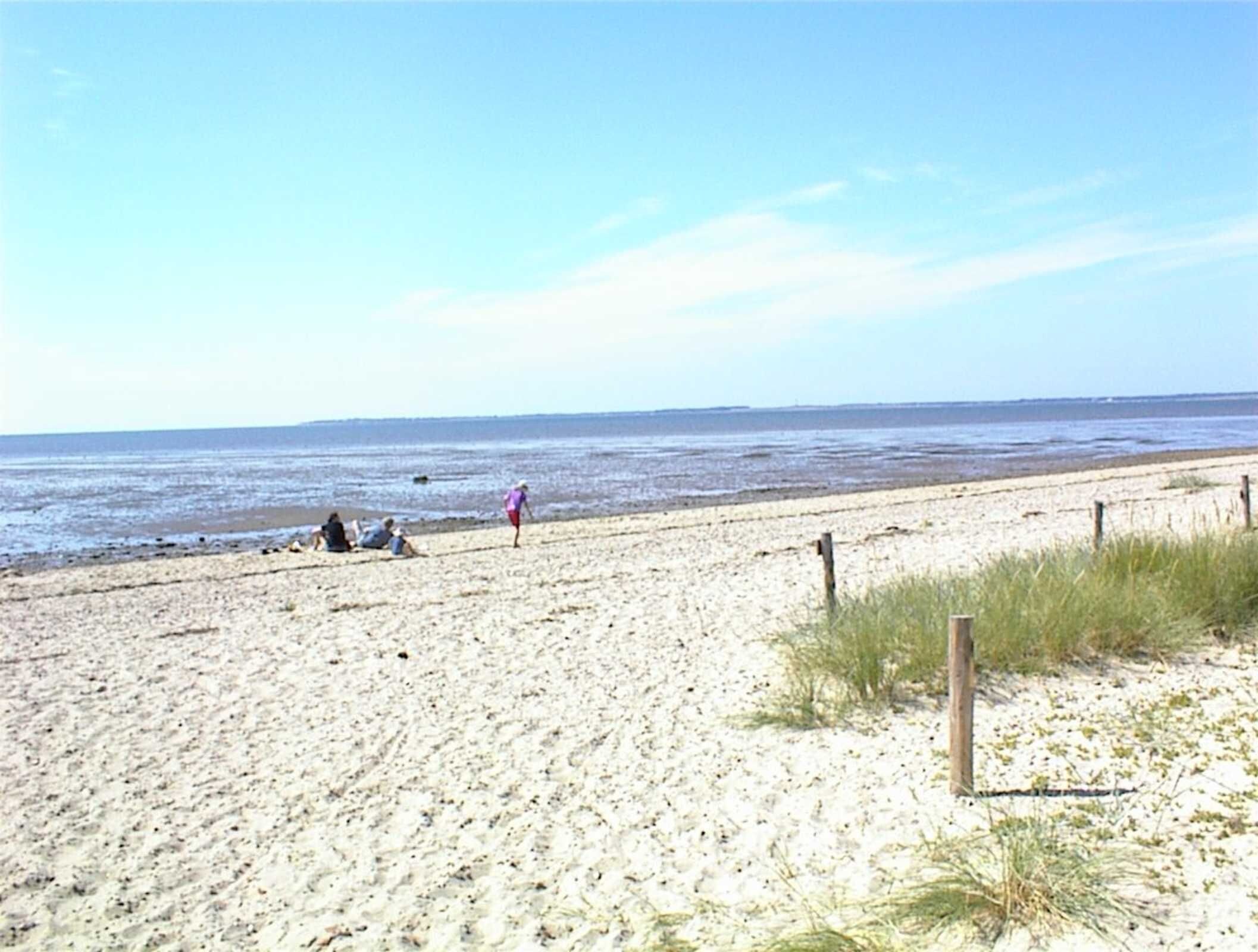A sandy beach with a few people and a wooden fence.