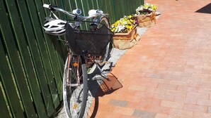 Ein Fahrrad steht neben einem grünen Zaun, in dessen Nähe Ampeln mit Blumen hängen.