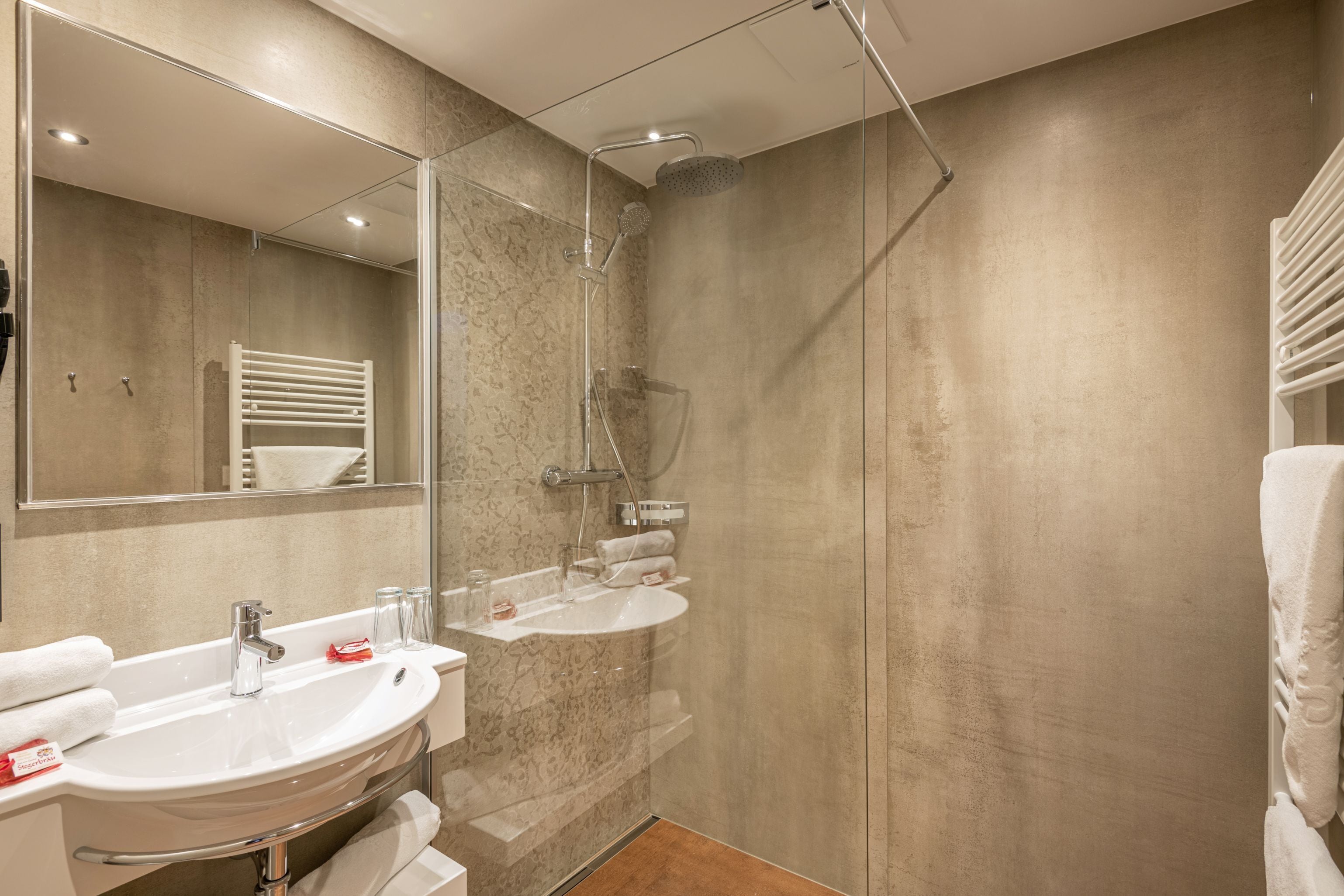 hair dryer, towels, soap, shampoo