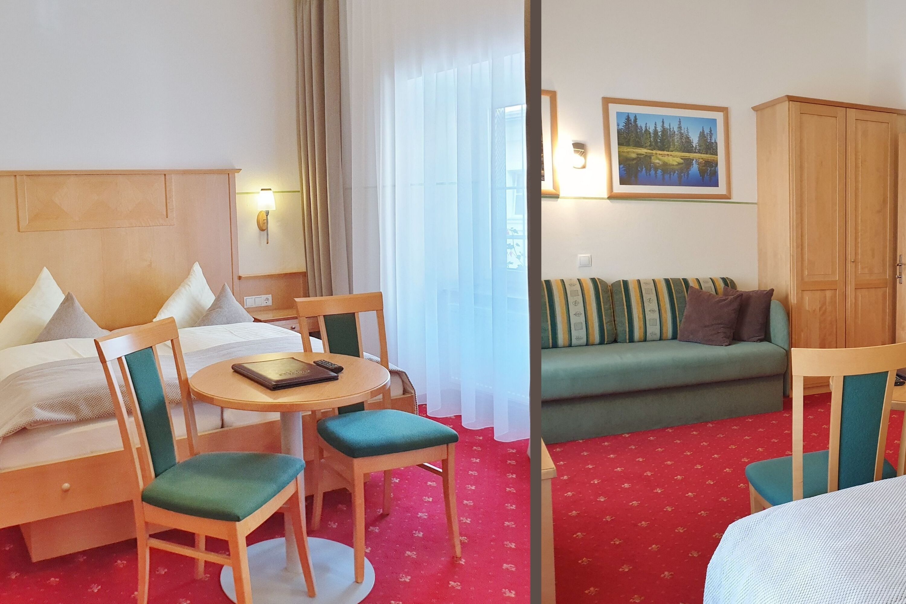 Una habitación de hotel con cama, una mesa redonda con sillas, un sofá y un armario.