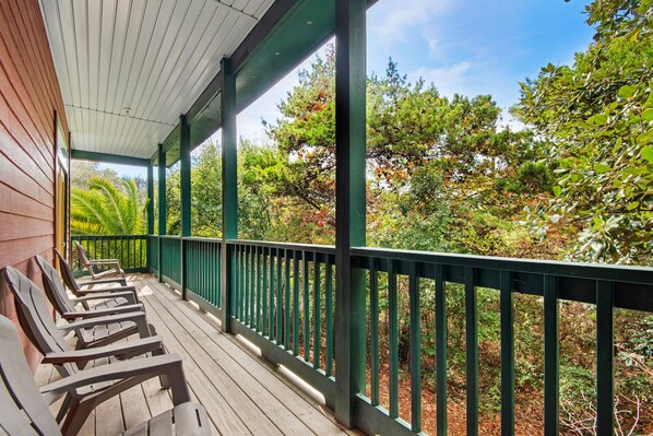 A covered porch with wooden chairs and a green railing, overlooking a garden with various trees and shrubs.