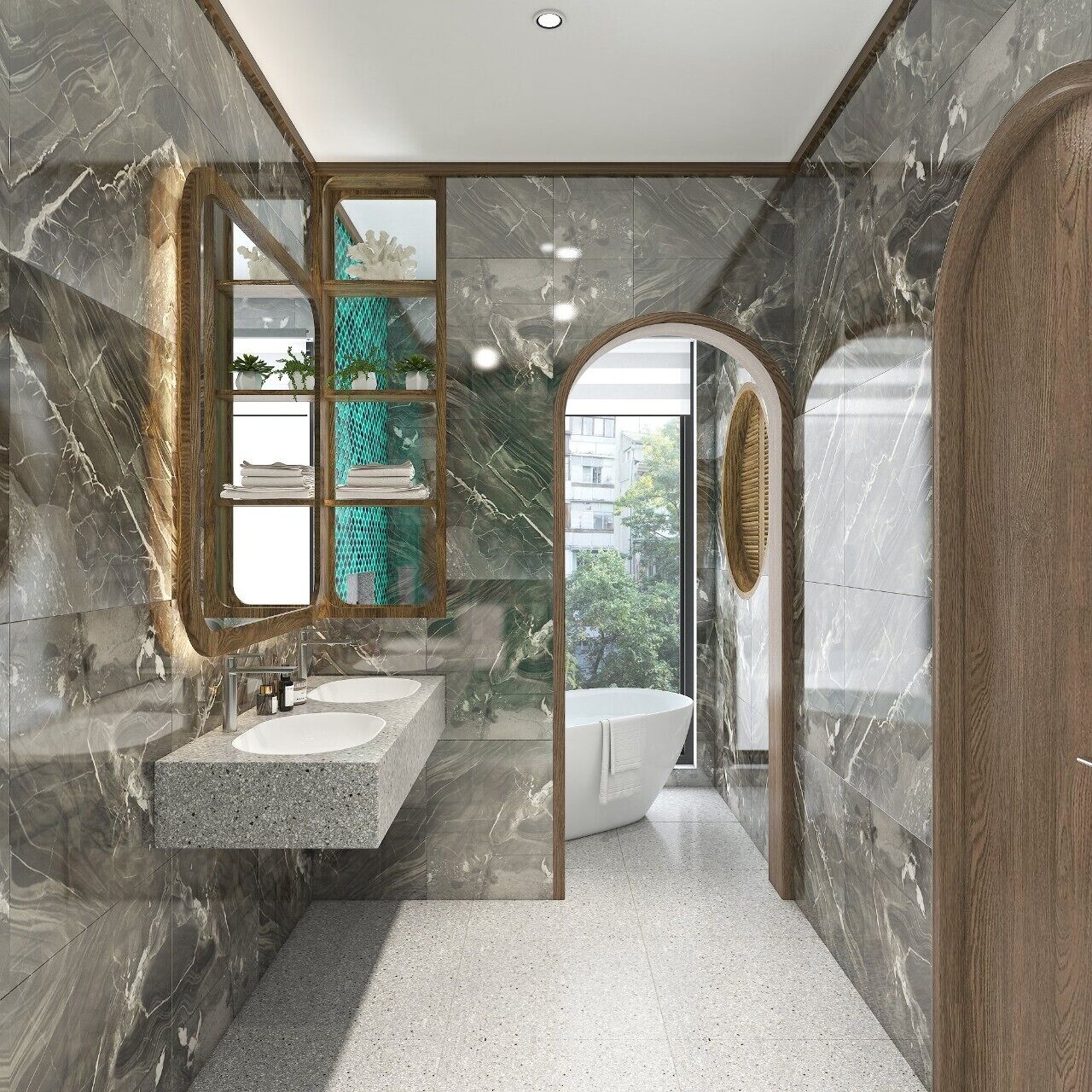 A modern bathroom with a marble wall, a freestanding bathtub, and a large mirror.