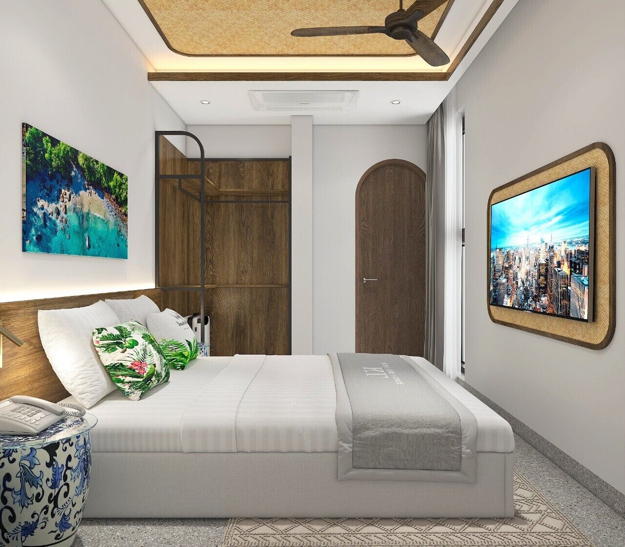 A modern bedroom with a bed, a ceiling fan, a cityscape TV, and a door.