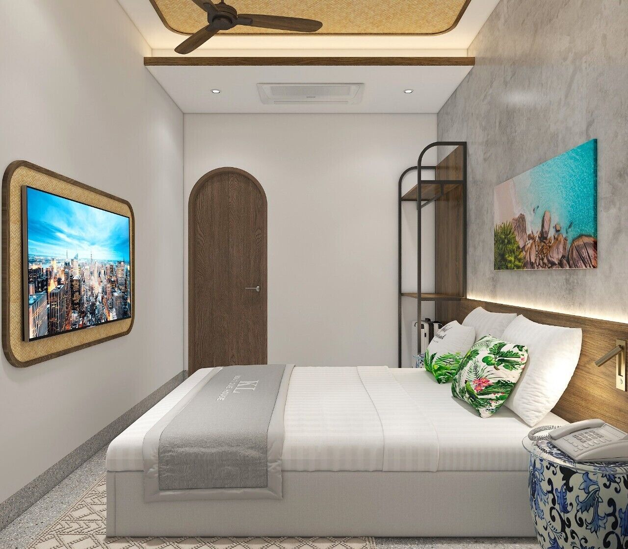 A modern bedroom with a bed, a cityscape TV, a wooden door, a mirror, and a painting.