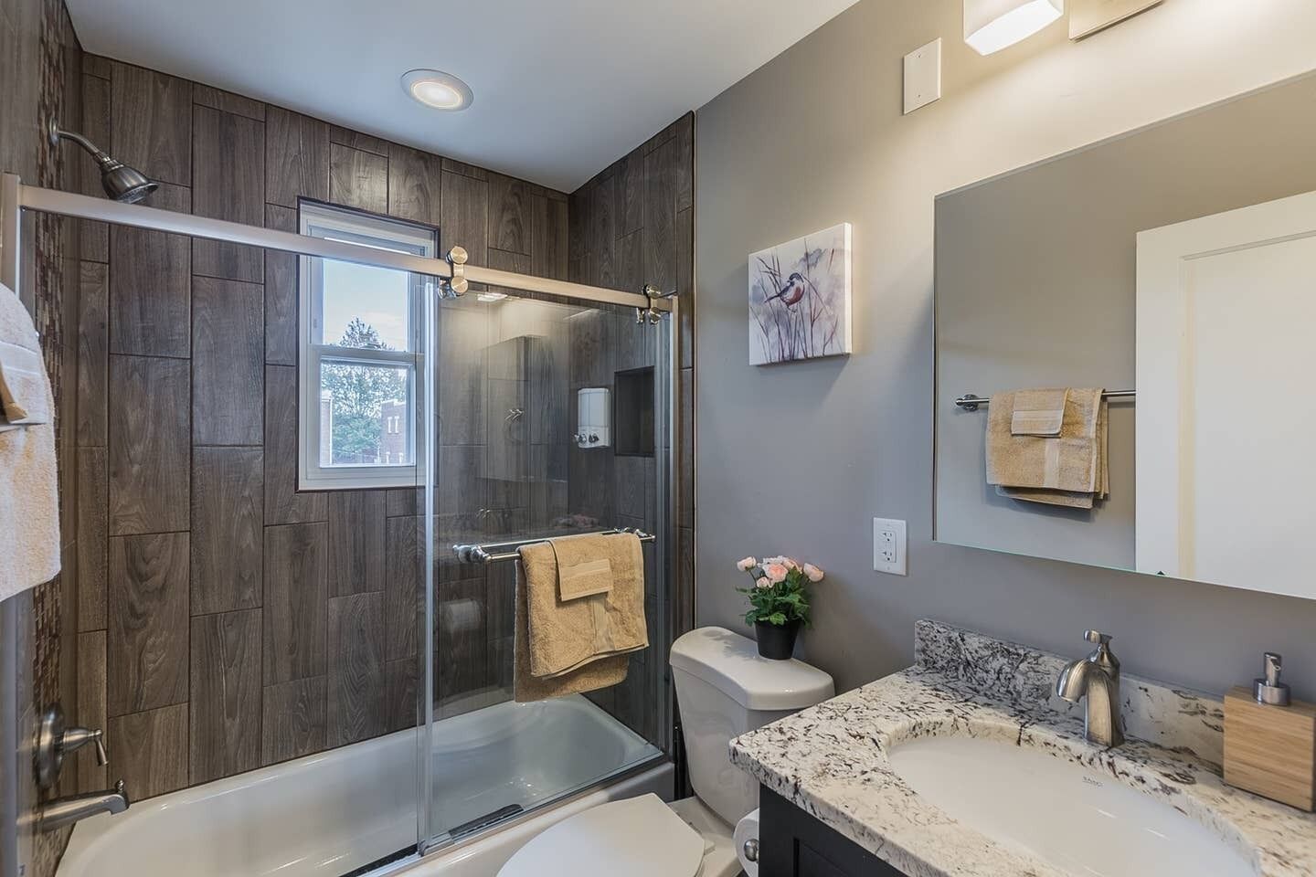 Combined shower/tub, free toiletries, hair dryer, towels
