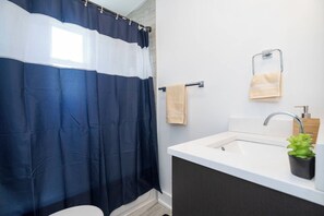 Combined shower/bathtub, free toiletries, hair dryer, towels