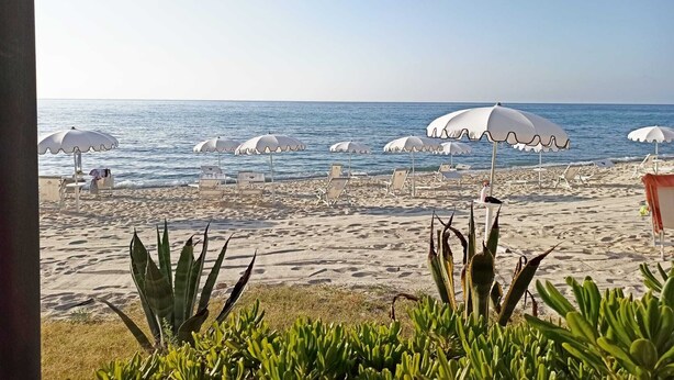 A beach with white umbrellas and lounge chairs. - Residenza l' Ulivo (Parghelia)