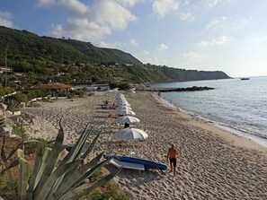 On the beach, sun-loungers