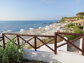 On the beach, sun-loungers