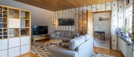 Televisie, een open haard en boeken