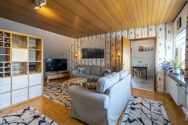 TV, fireplace, books