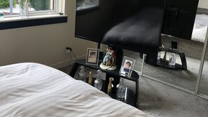 Une chambre avec un grand lit, un téléviseur posé sur un meuble, un miroir et une fenêtre donnant sur des arbres et des maisons.