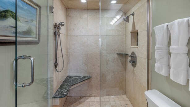 Une douche fermée par des parois en verre, avec un banc, des toilettes et un porte-serviettes.