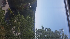 A view from inside a vehicle, looking out at a road with trees and a building in the distance.