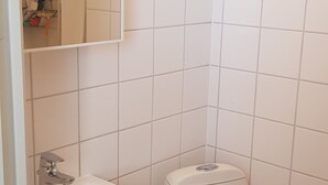 A small, clean bathroom with a white sink, toilet, and mirror.