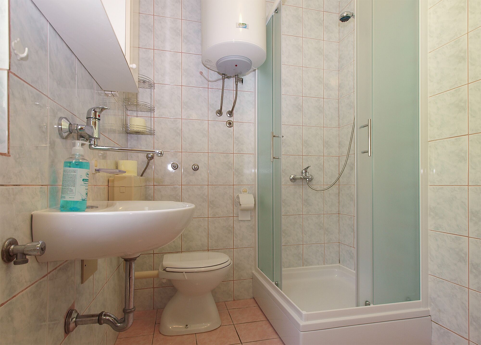A bathroom with a sink, toilet, and a walk-in shower.