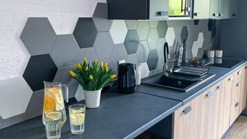 Standard Apartment | Private kitchen | Fridge, stovetop, electric kettle, cookware/dishes/utensils