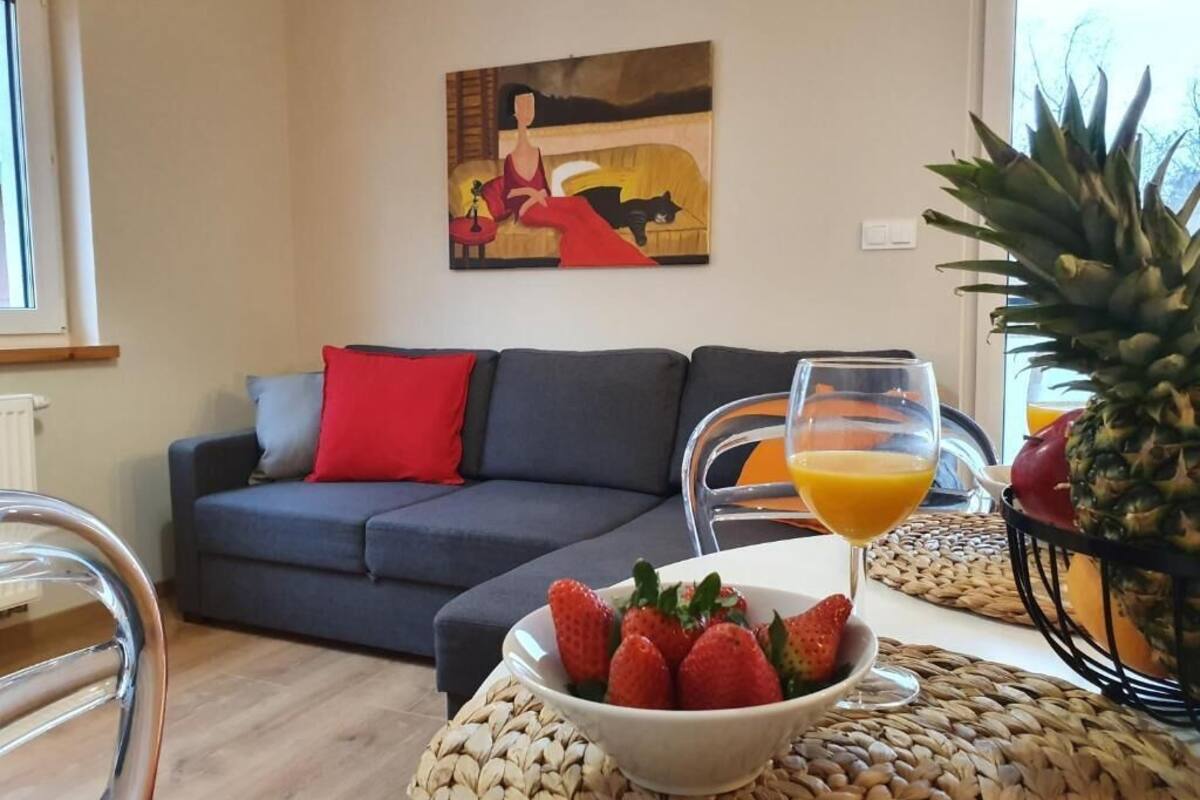 Un salon avec un canapé, un saladier de fraises, un verre de jus d’orange et un ananas posé sur un tapis tressé.