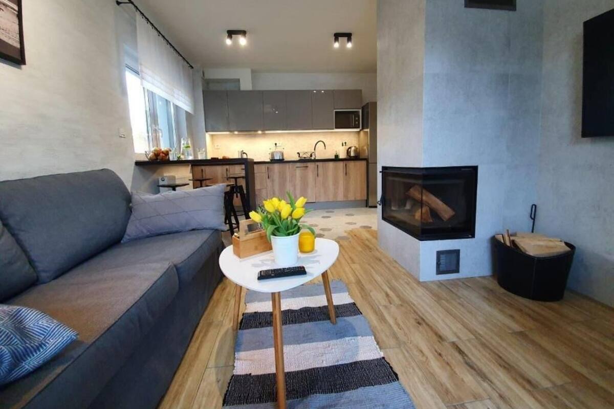 Un salon moderne avec un canapé, une table basse ornée d’un vase de fleurs, une cheminée et, au fond, une cuisine.
