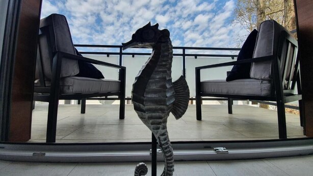 A seahorse sculpture on a balcony with two chairs and a clear view of the sky. - Apartamenty Szafirowa Mierzeja - 365PAM (Mielno)