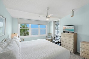 A bedroom with a bed, a dresser, a chair, a television, and a window with a view of the sea.