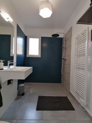 Ducha, secador de pelo, toallas, jabón