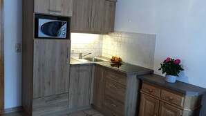A compact kitchen with wooden cabinets, a microwave, a sink, and a fruit bowl. - Vacation apartment no. 18 for 2-4 persons, 50 m², 1 bedroom, 1 double bedroom, living room with kitchenette, bathroom (Bischofswiesen)