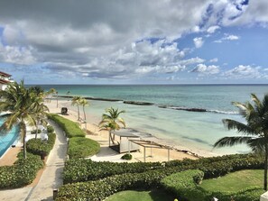 On the beach, sun-loungers, beach towels