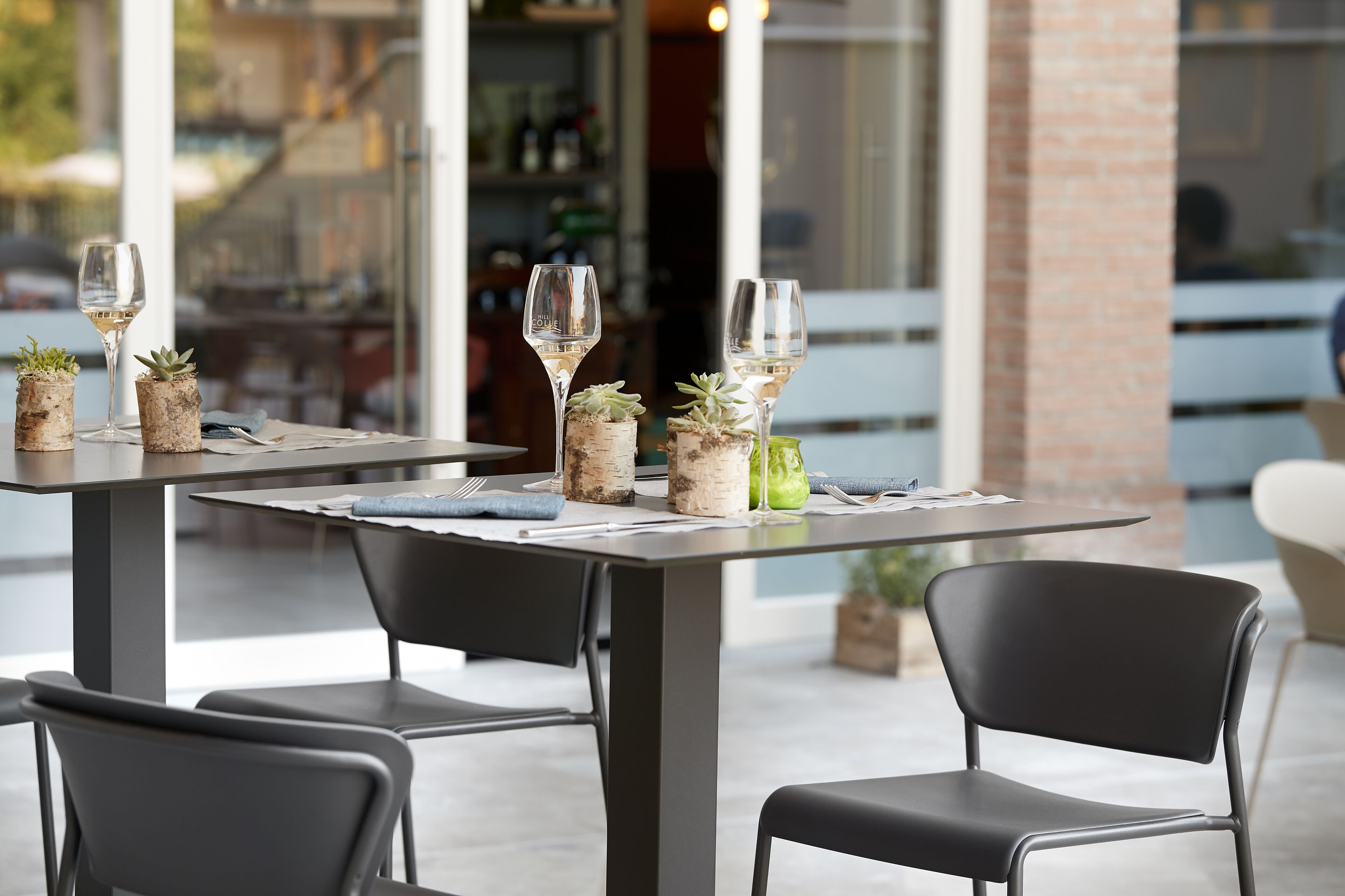 Un espace extérieur aménagé pour les repas, avec des tables, des chaises et des plantes en pot.