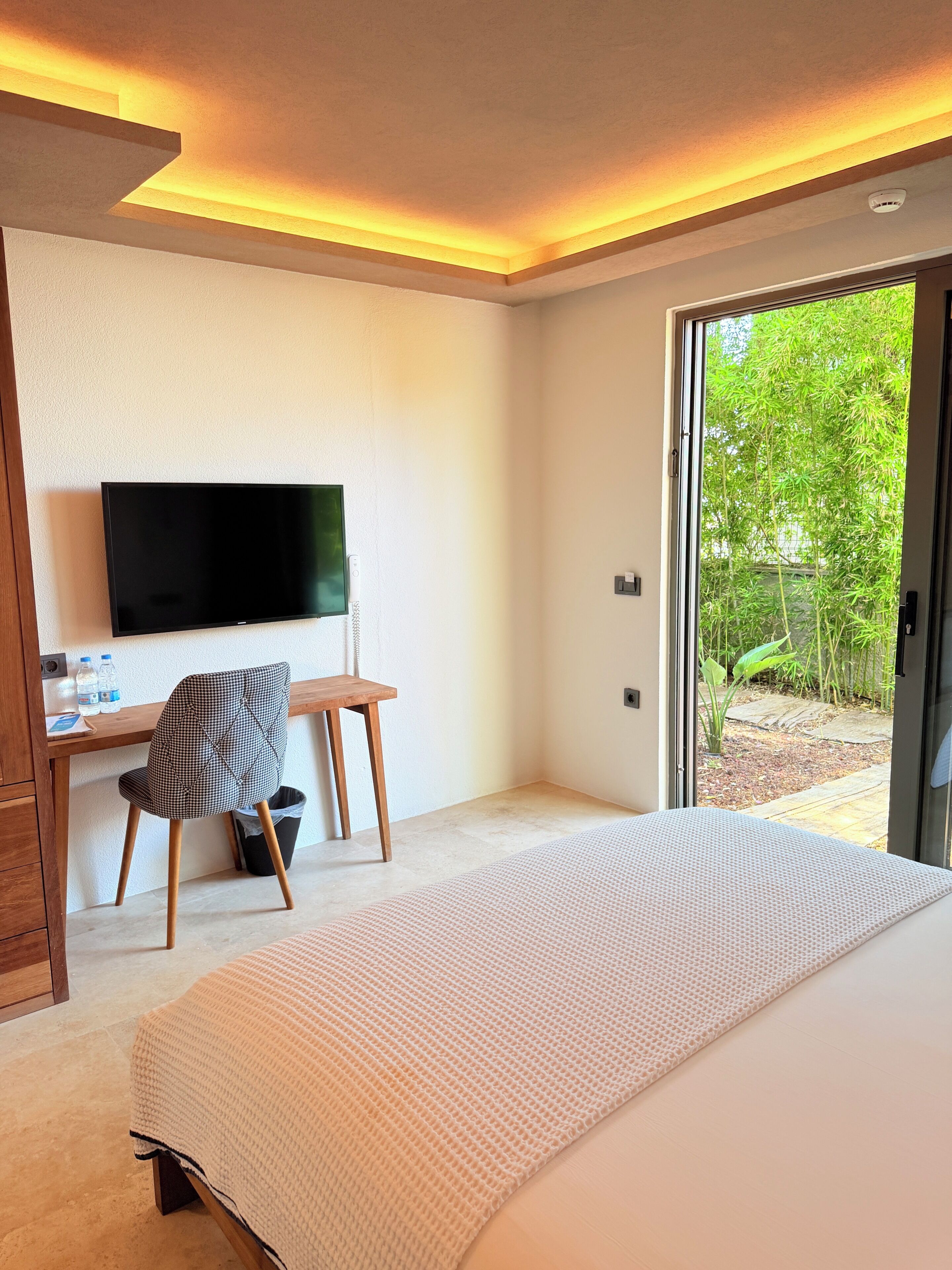 A hotel room with a bed, a desk with a chair, a television, and a view of greenery outside.