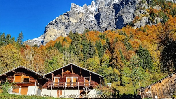 A mountain lodge with a wooden exterior, a stone pathway, and a view of a rocky mountain.