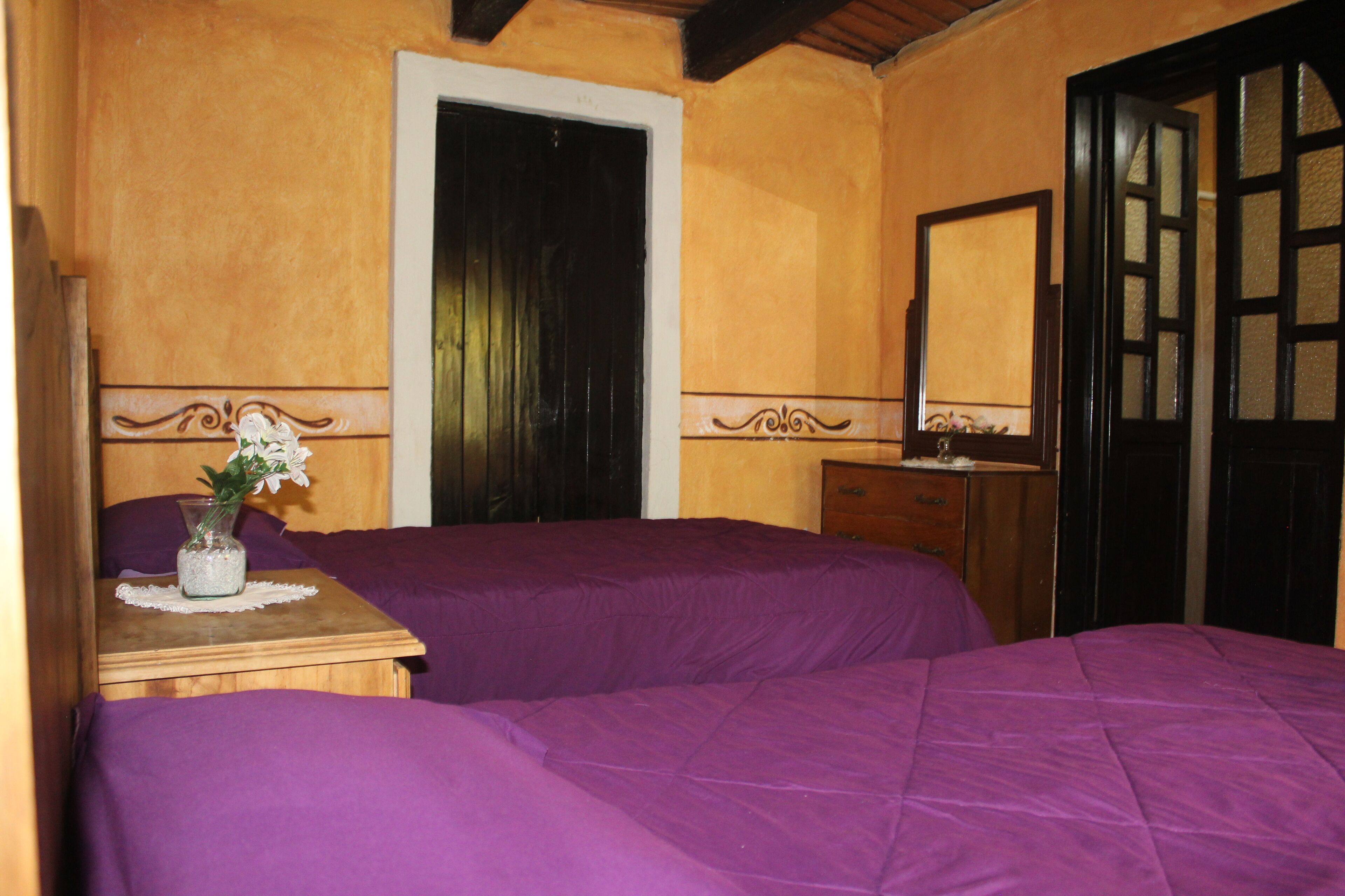 Una habitación con dos camas, una mesita de noche de madera con un florero y un espejo en la pared.
