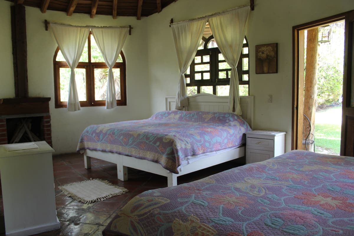 A bedroom with two beds, a fireplace, and a window with curtains.
