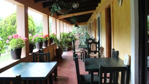A covered outdoor seating area with tables and chairs, potted plants, and a view of greenery. - Cabañas Esperanza (Tlalpujahua)