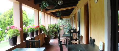 A covered outdoor seating area with tables and chairs, potted plants, and a view of greenery.